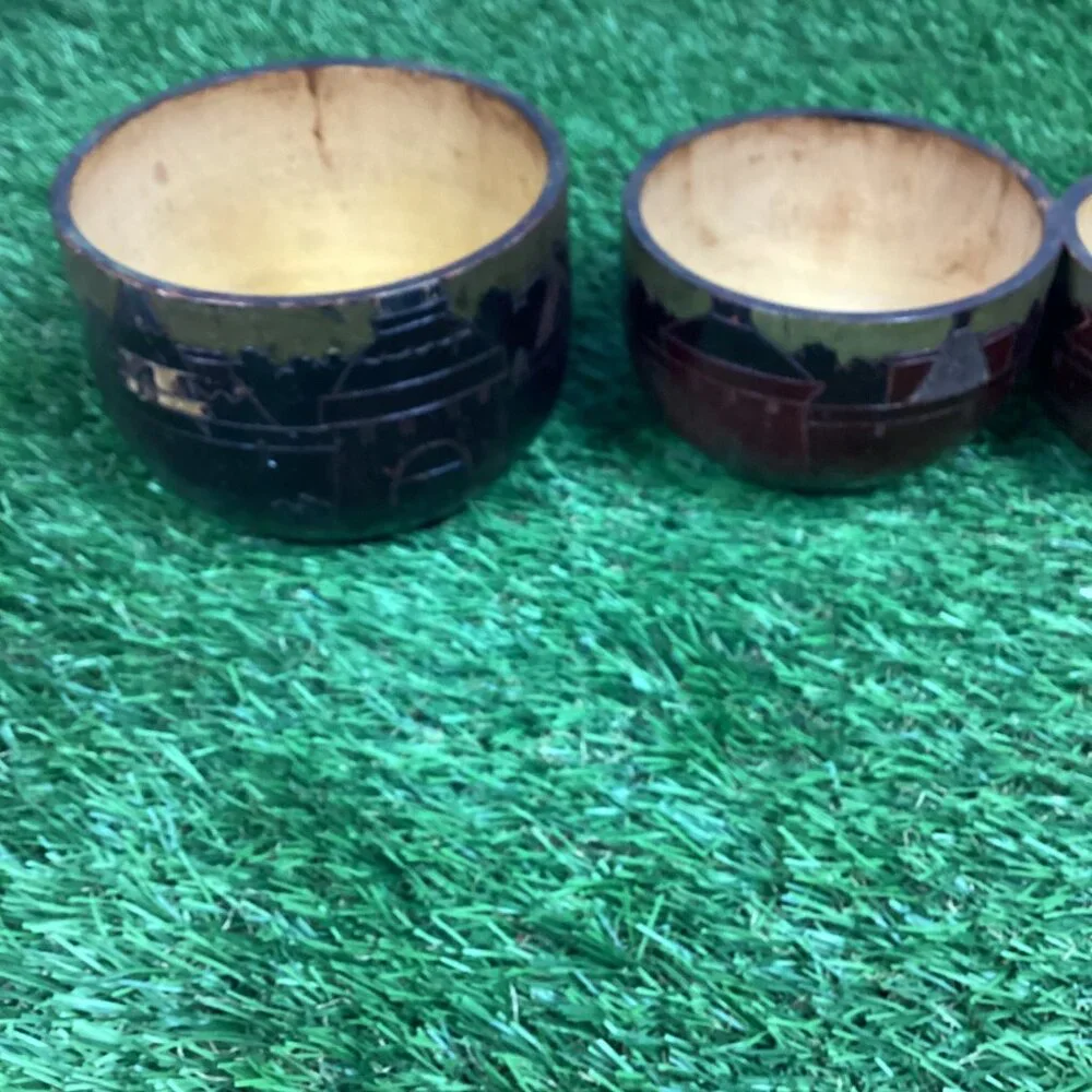 Vintage Hand Carved Nesting Bowls Tribal Design 5